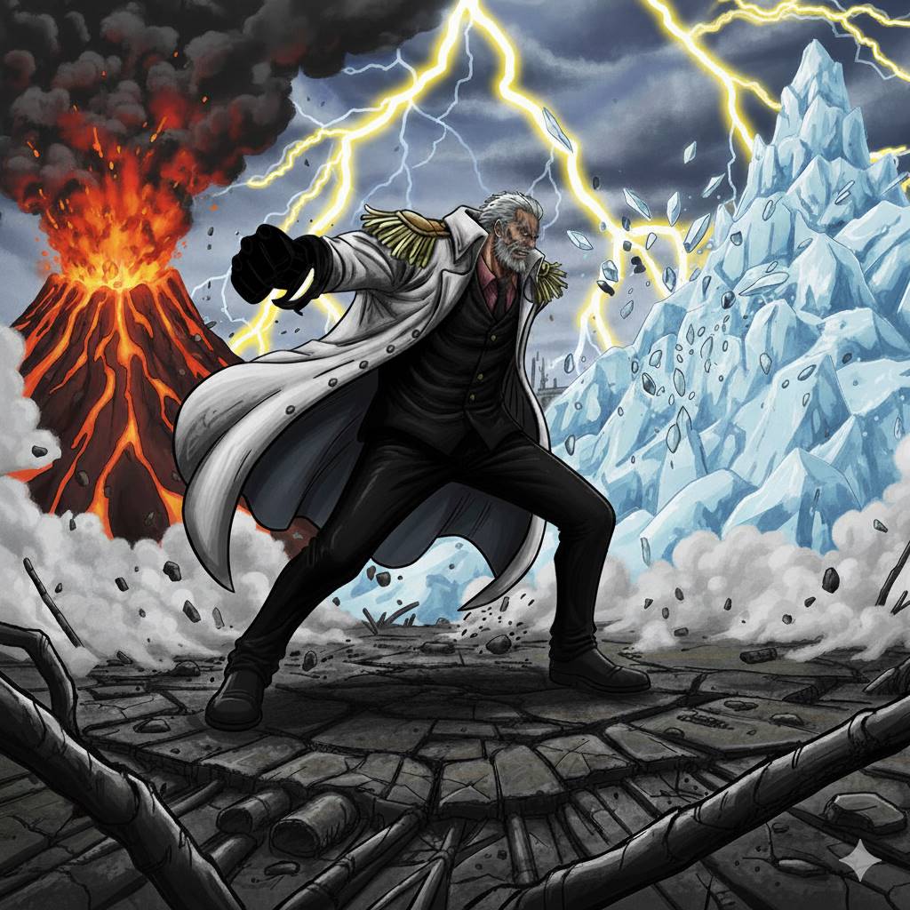 氷山、火山、雷の中、戦いに勝った偽ガープ中将が立って、3大将に勝ったイメージ図