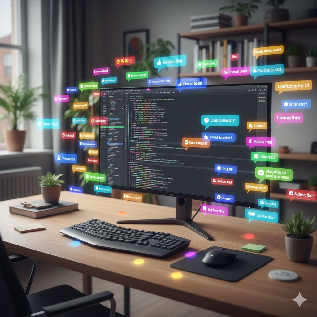 パソコンの周りにいろんなコメントがある口コミイメージの生成画像