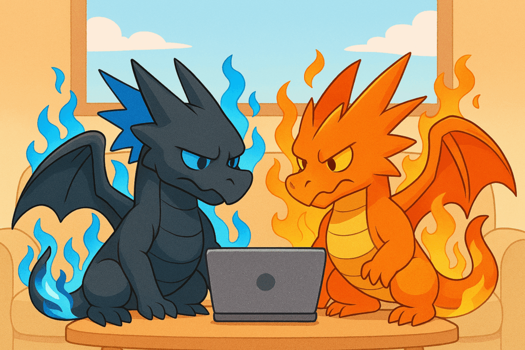 一緒にパソコンを覗き込むメガリザードンXとメガリザードンY風モンスターのイラスト