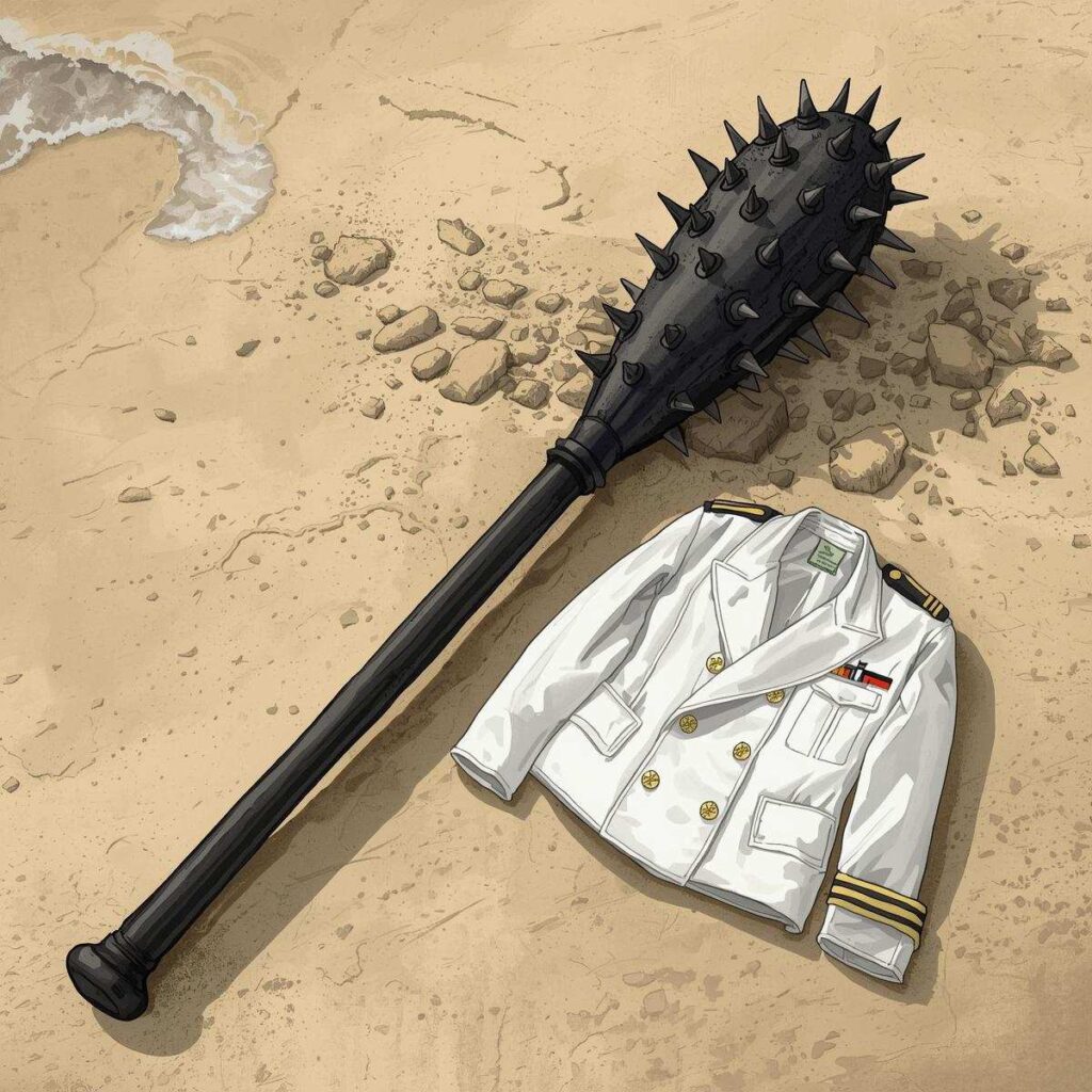 海辺に大きな黒い金棒と、となりに海軍将校の白い上着が置かれているイメージ図