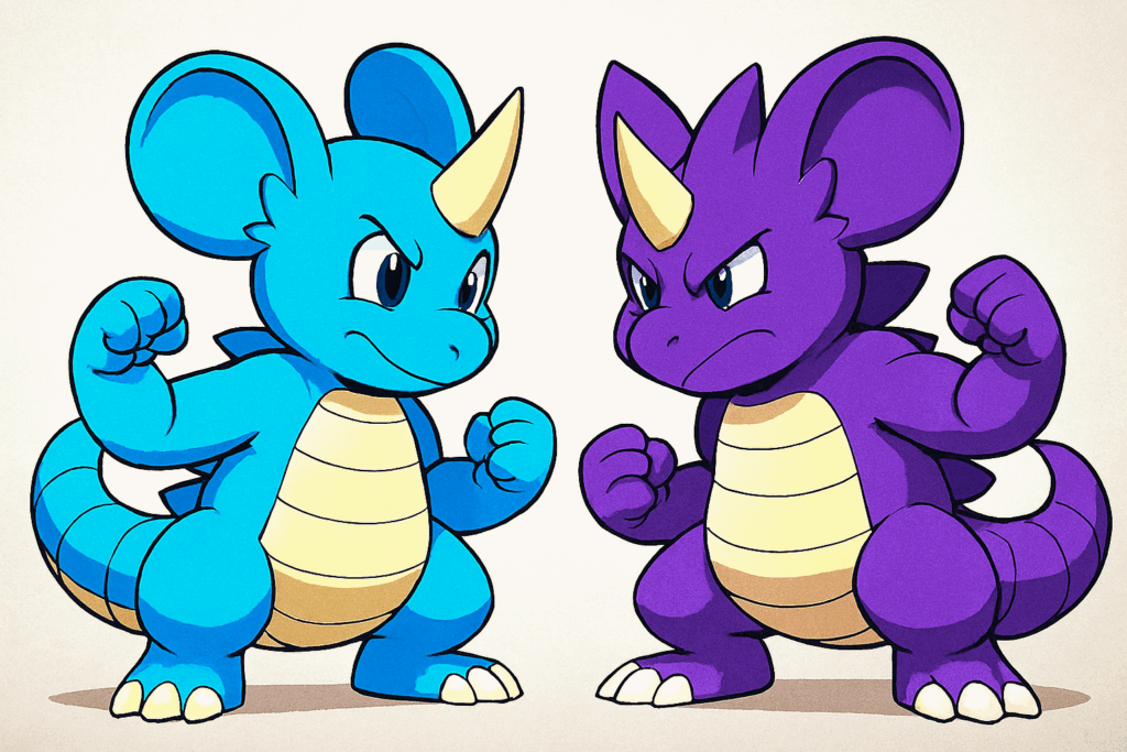 こぶしを握って向き合うニドキングとニドクイン風モンスター