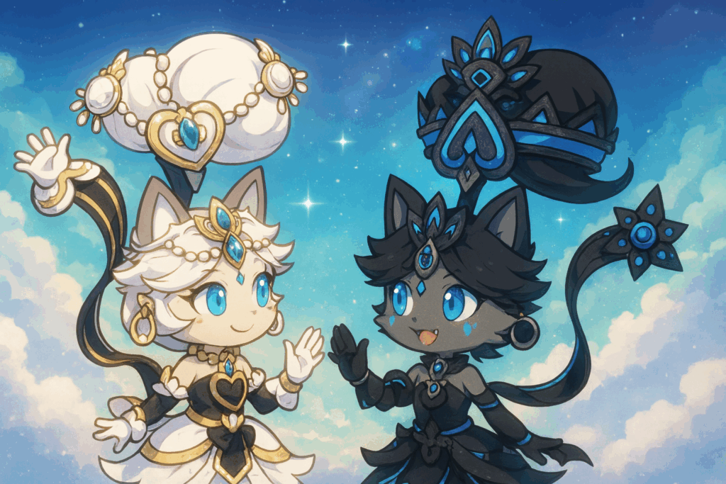 向き合って手を合わせる白イズと黒イズ風キャラクターのイラスト