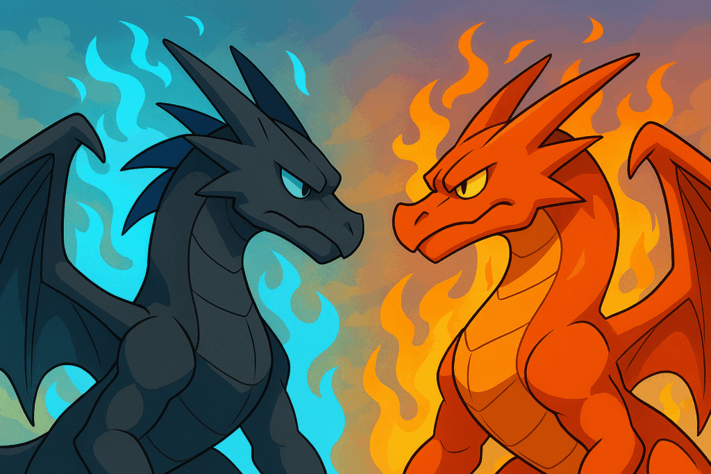 にらみ合っているメガリザードンXとメガリザードンY風モンスターのイラスト