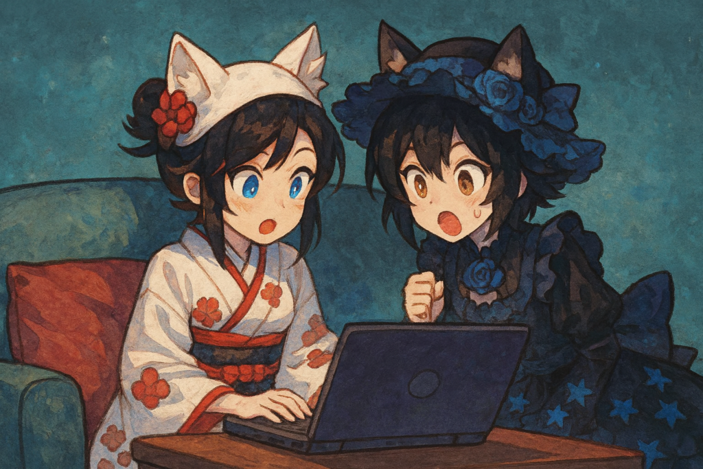 パソコンの画面を見て驚いた様子の白ミタマと黒ミタマ風キャラクターのイラスト