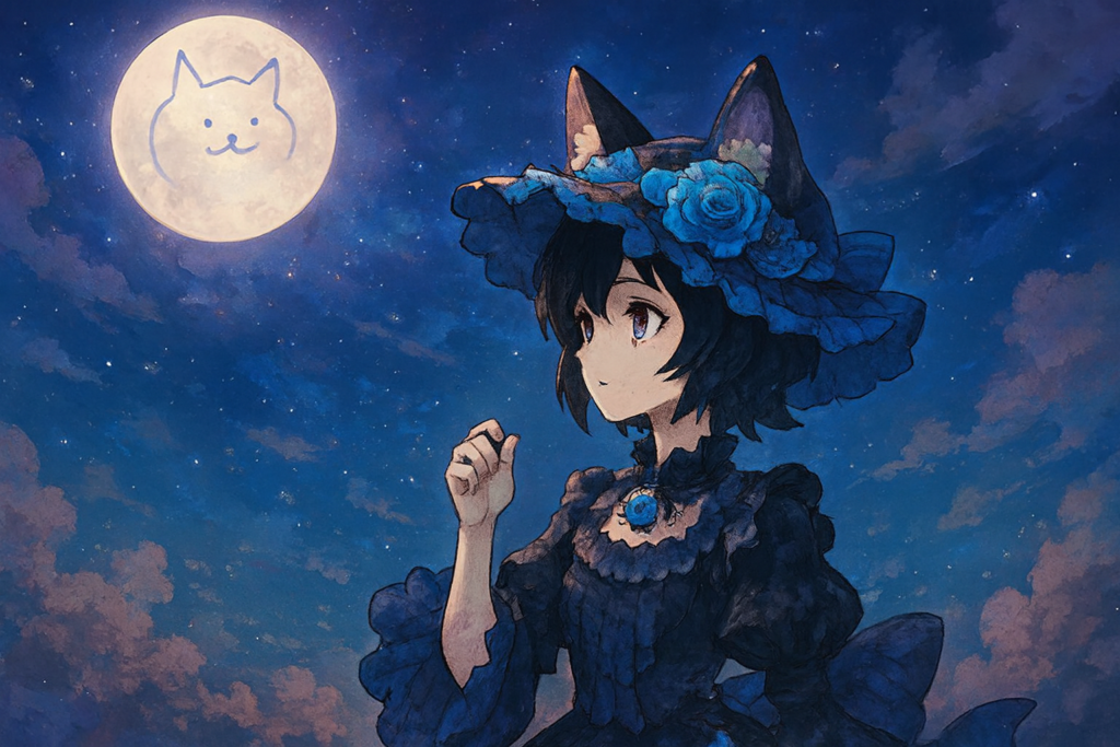 月を見上げている様子の黒ミタマ風キャラクターのイラスト