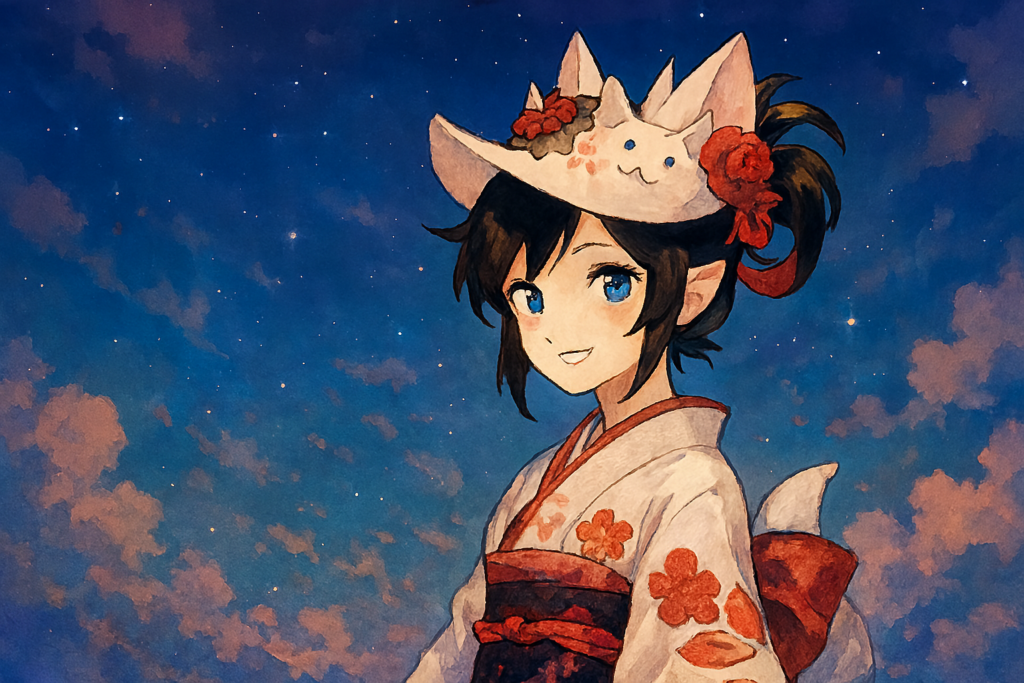 こちらを向いて微笑んでいる白ミタマ風キャラクターのイラスト