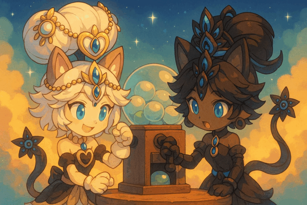 一緒にガチャガチャを回している白イズと黒イズ風キャラクター