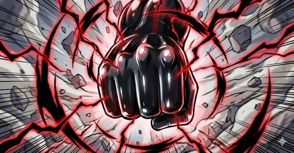 武装色の覇気をまとった拳とその後ろに岩がはじけ飛んでいるイラスト