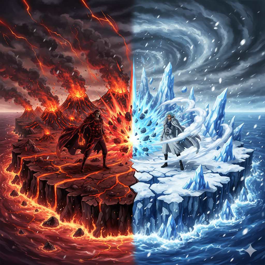 赤犬と青キジの決闘のイラストで島半分が火山でもう半分は氷山になっている