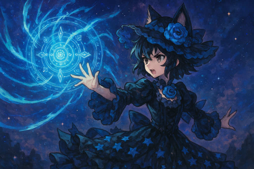 エネルギーを放出している黒ミタマ風キャラクターのイラスト