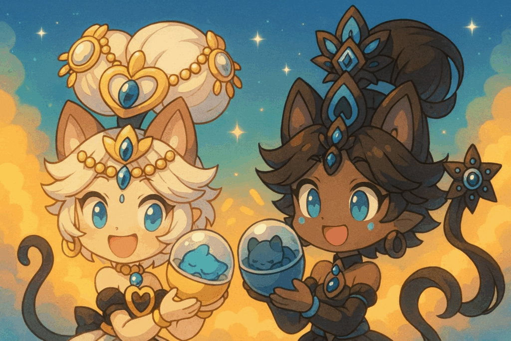 ガチャガチャのカプセルを手に持ち喜んでいる白イズと黒イズ風キャラクター