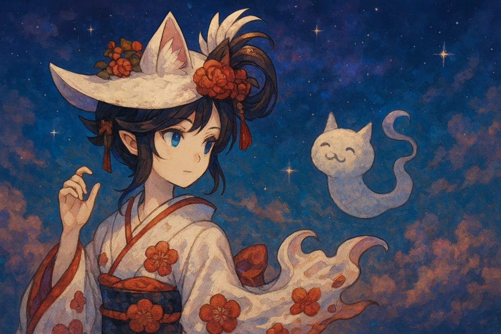 猫型の霊を見つめる白ミタマ風キャラクターのイラスト