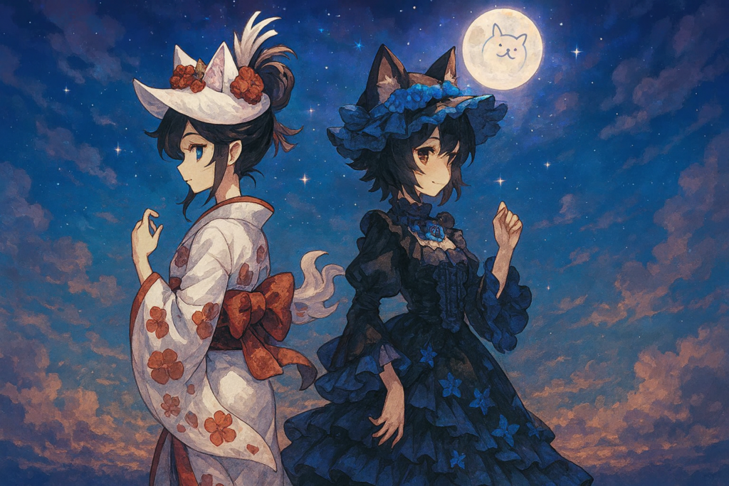 背中合わせになっている白ミタマと黒ミタマ風キャラクターのイラスト