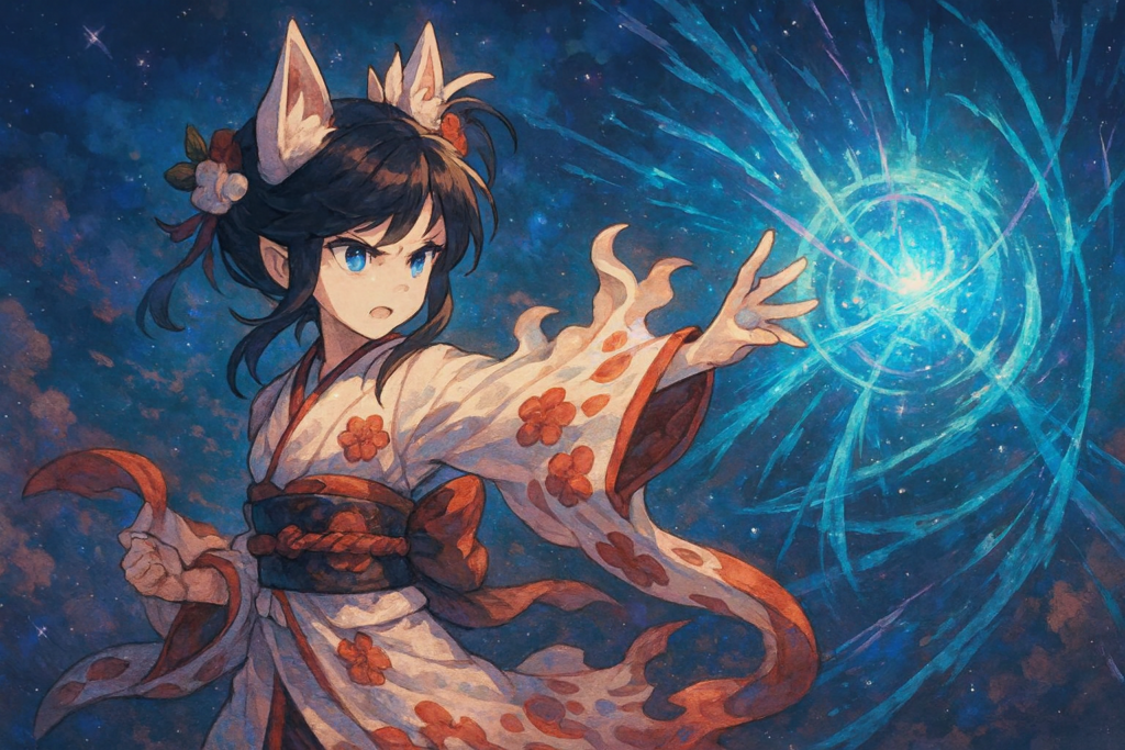 エネルギーを放出している白ミタマ風キャラクターのイラスト