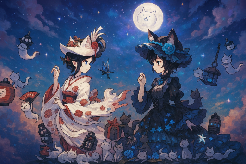 振り返る白ミタマと向き合う黒ミタマ風キャラクターのイラスト