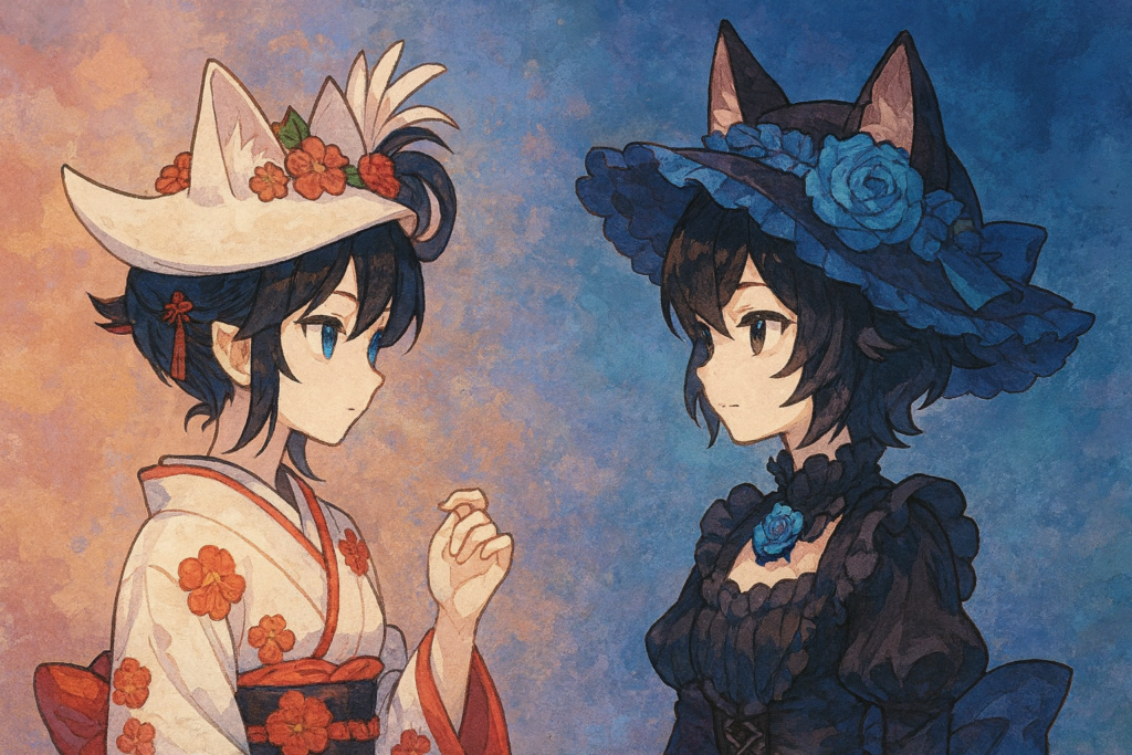 向き合っている白ミタマと黒ミタマ風キャラクターのイラスト