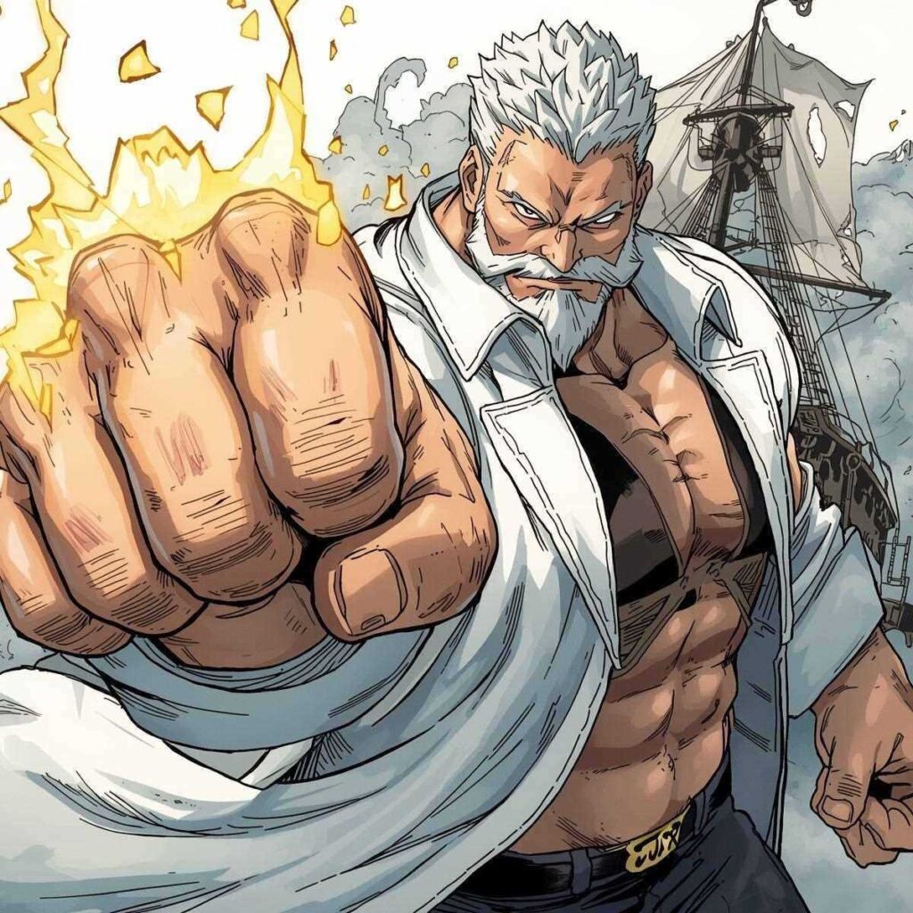 偽ガープが拳を突き出し、海賊船を制圧したイラスト