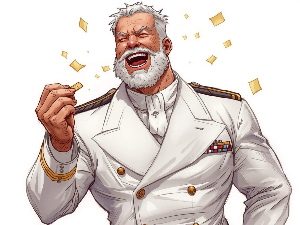 豪快に笑ってせんべいを食べている偽ガープ