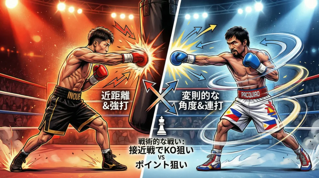 接近戦でKO狙いの井上尚弥とポイント狙いのパッキャオが戦うイラスト