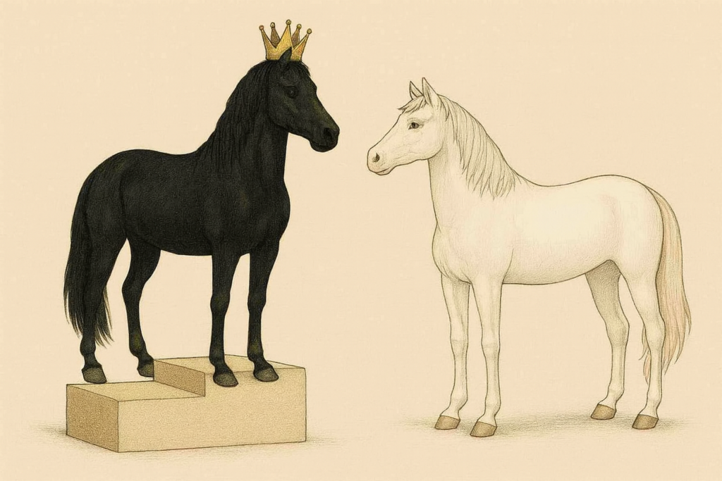 王冠をかぶって踏み台に上っている黒い馬を、白い馬が見つめているイラスト