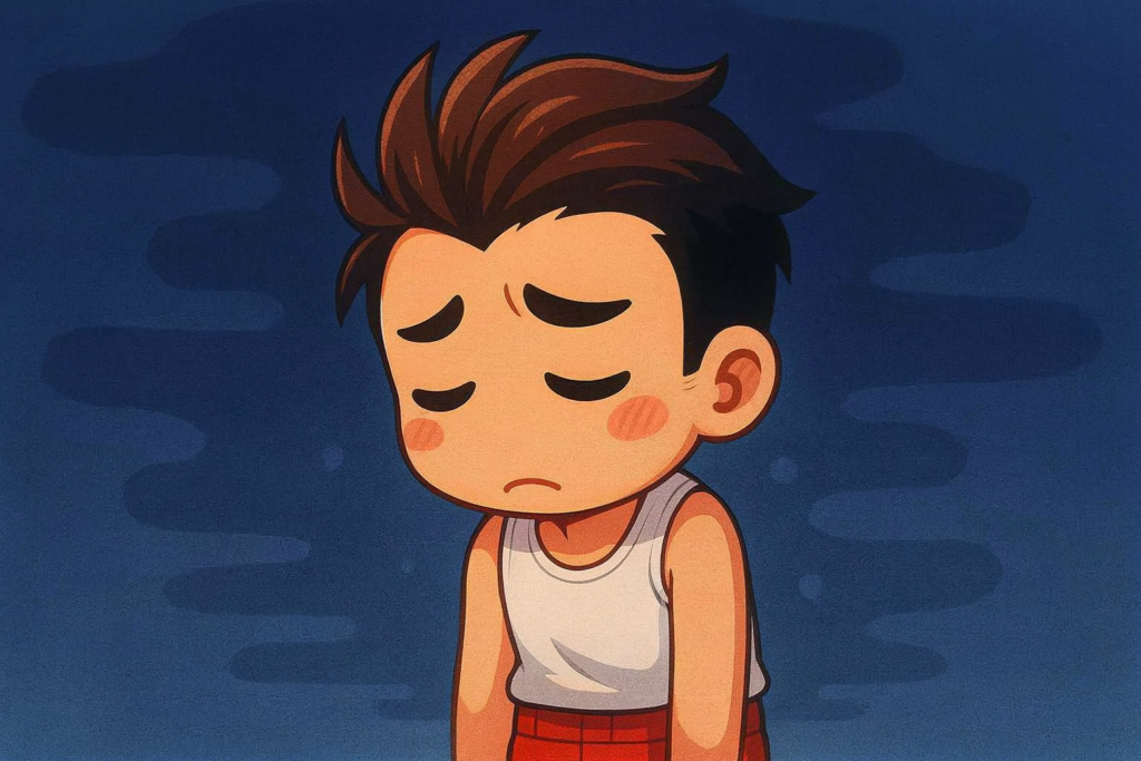 肩を落として落ち込んでいるくにおくん風キャラクター