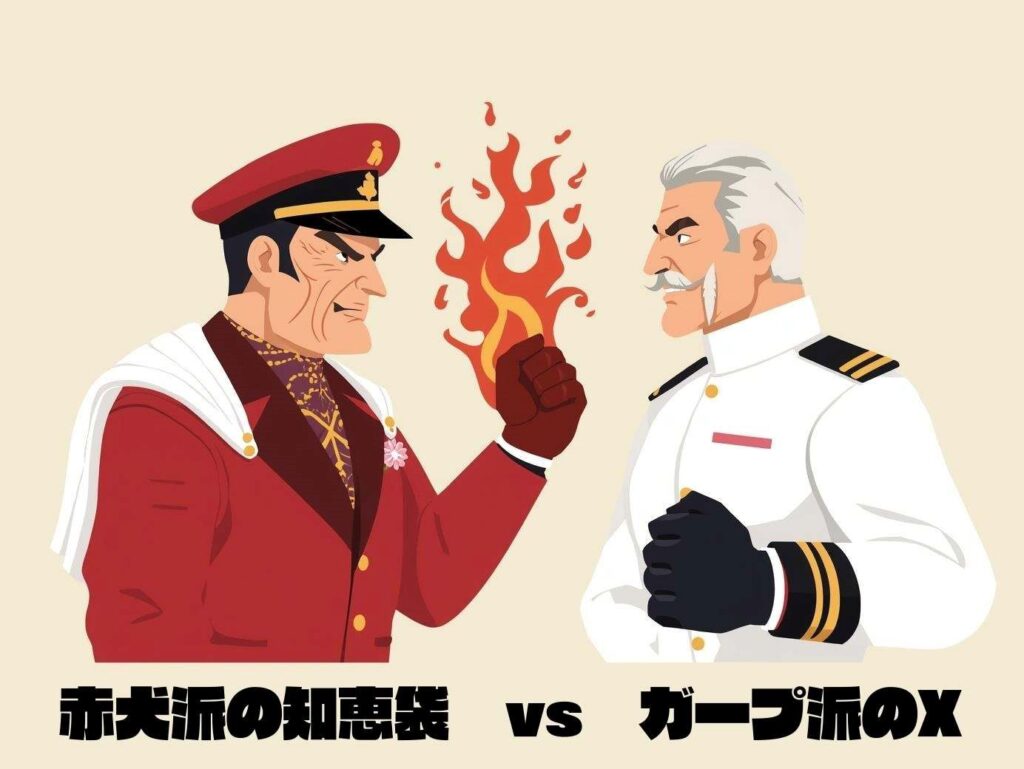 偽ガープと偽赤犬がにらみ合っているイラスト