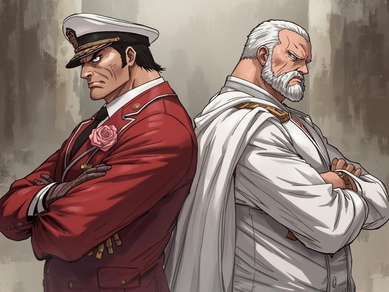 偽のガープと赤犬がお互いに腕を組んでそっぽを向いて喧嘩しているようなイラスト