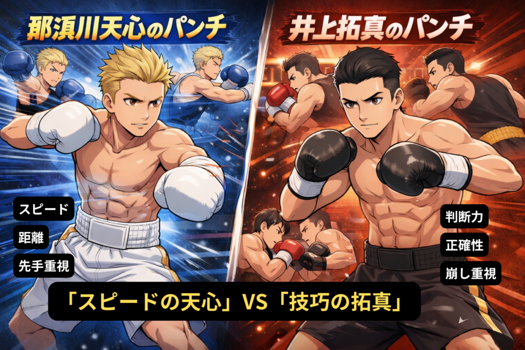 天心と拓真のパンチの違いを比べるアニメ風画像