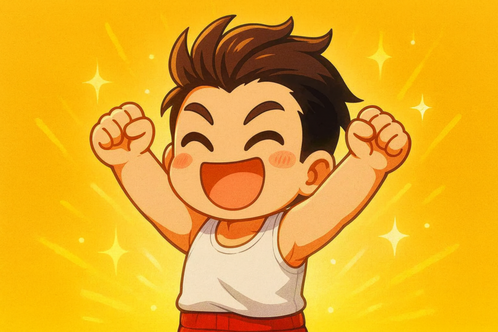 拳を突き上げて喜んでいるくにおくん風キャラクター