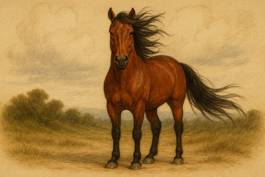 正面を向いて立っている茶色の馬のイラスト