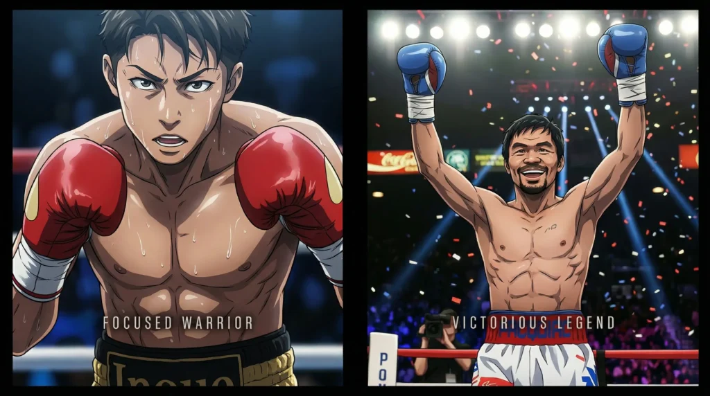 左側に戦闘モードの井上尚弥、右側に勝利を祝うパッキャオのイラスト