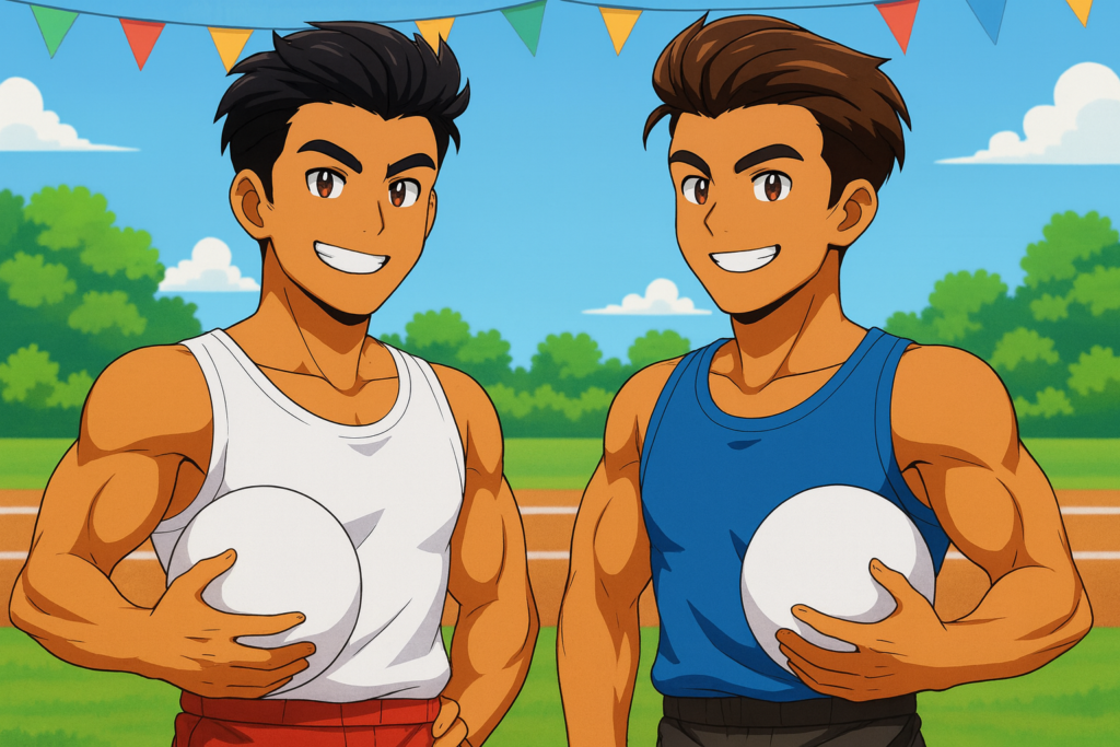 正面を向いて微笑んでいるくにおくんとりき風キャラクター