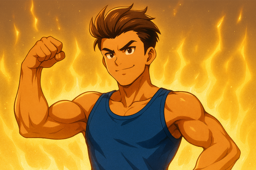 力こぶを見せつけているりき風キャラクター