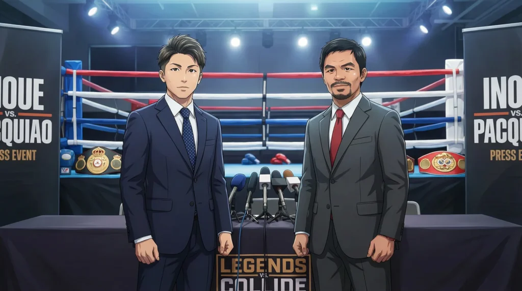 リング前でスーツ姿で並ぶ井上尚弥とパッキャオの会見の様子