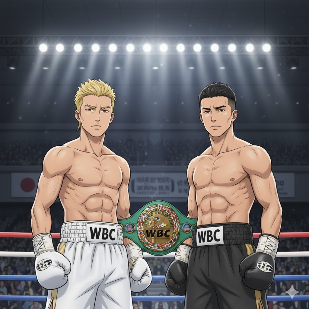 リングに並ぶ那須川天心選手と井上拓真選手のアニメ風画像