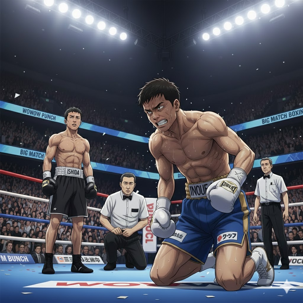 石田匠との対戦でダウンする井上拓真のアニメ風画像