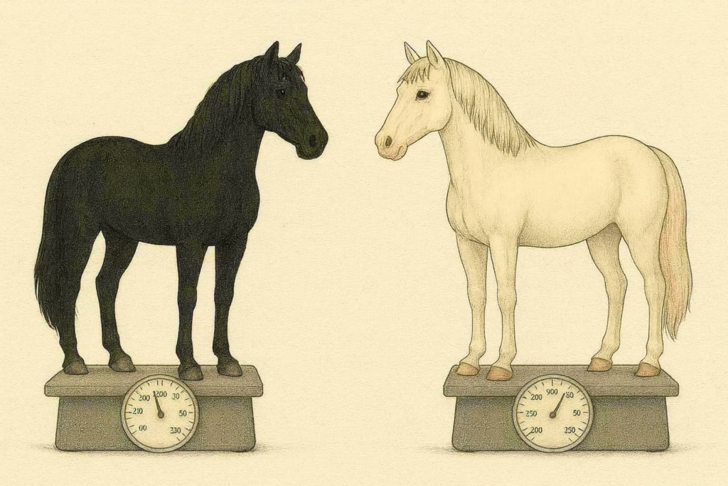 白い馬と黒い馬が体重計に乗っているイラスト