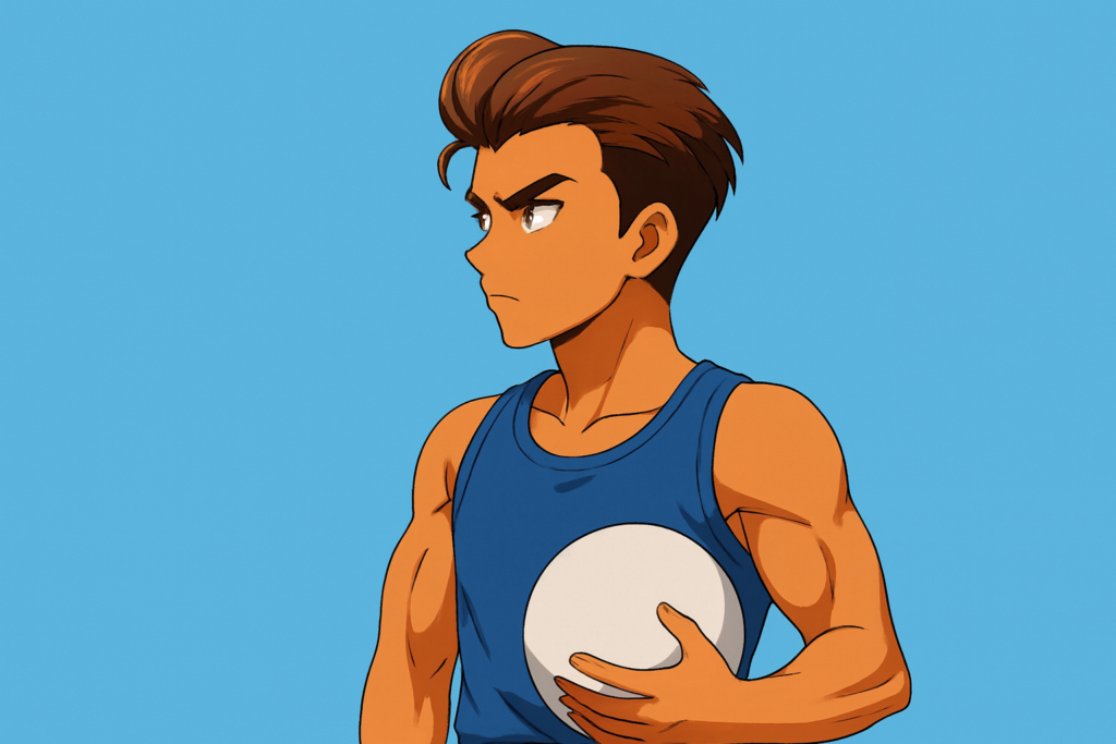 ボールを左手に抱えて左を見るりき風キャラクター