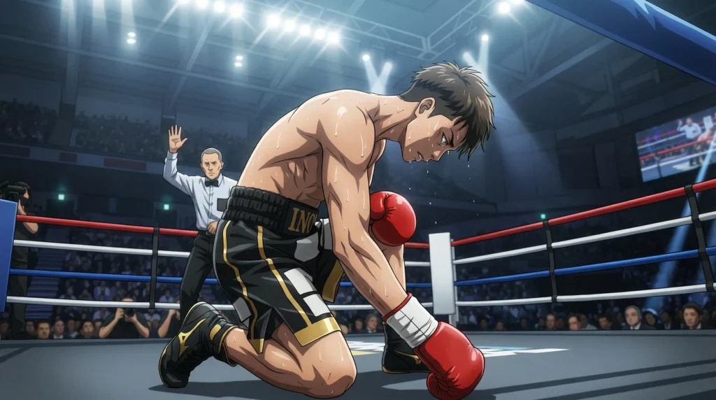 赤いグローブを着けた井上尚弥選手がリング上で片膝をついているダウンシーン
