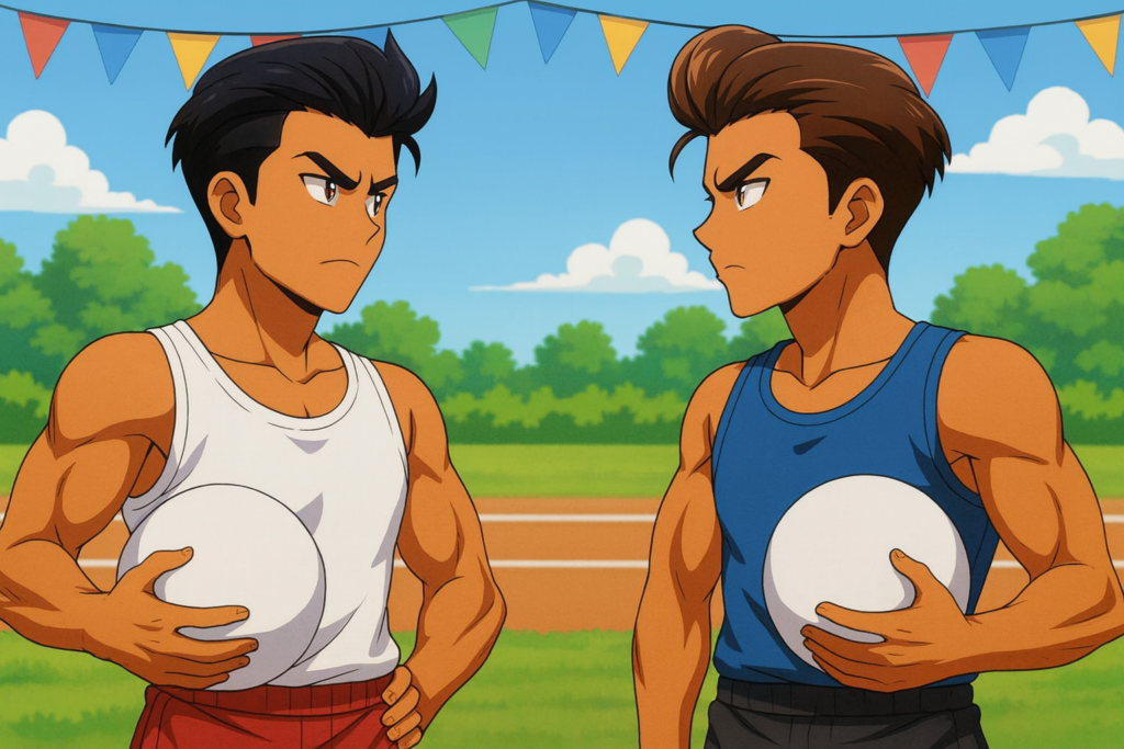 お互いにドッジボールを持って向かい合うくにおくんとりき風キャラクター