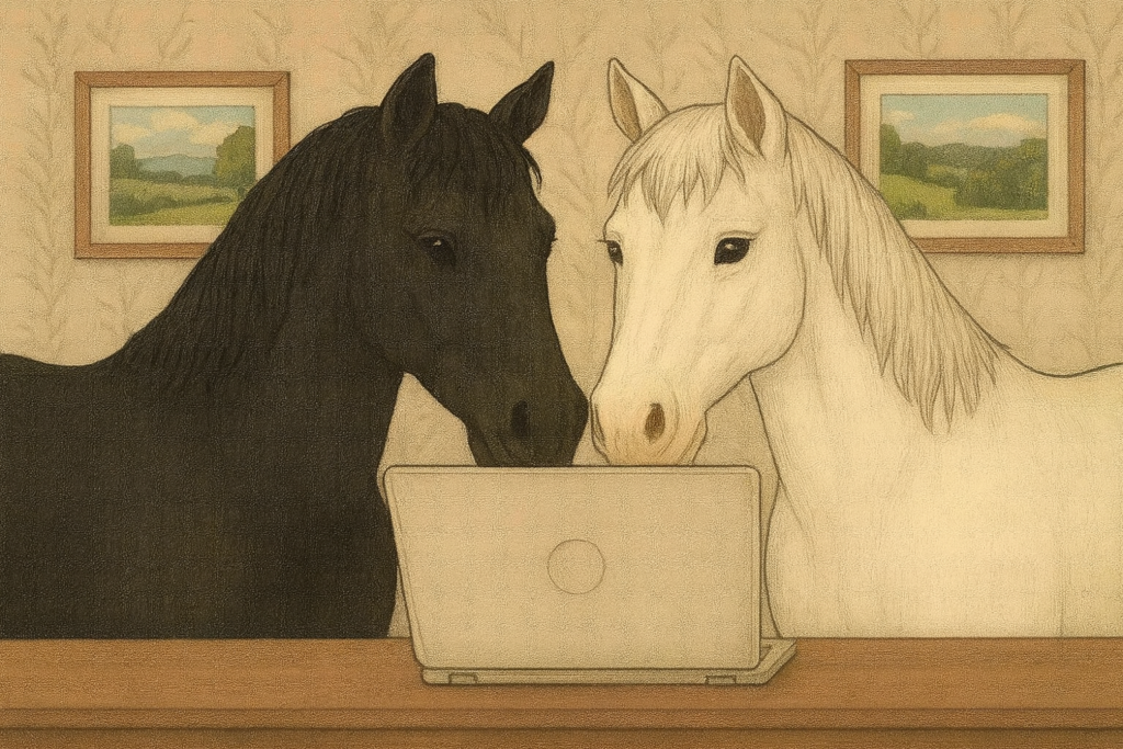 室内でパソコンを覗き込む黒い馬と白い馬のイラスト
