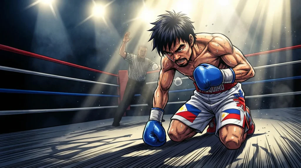 青いグローブを着けたマニー・パッキャオ選手がリング上で片膝をついているダウンシーン