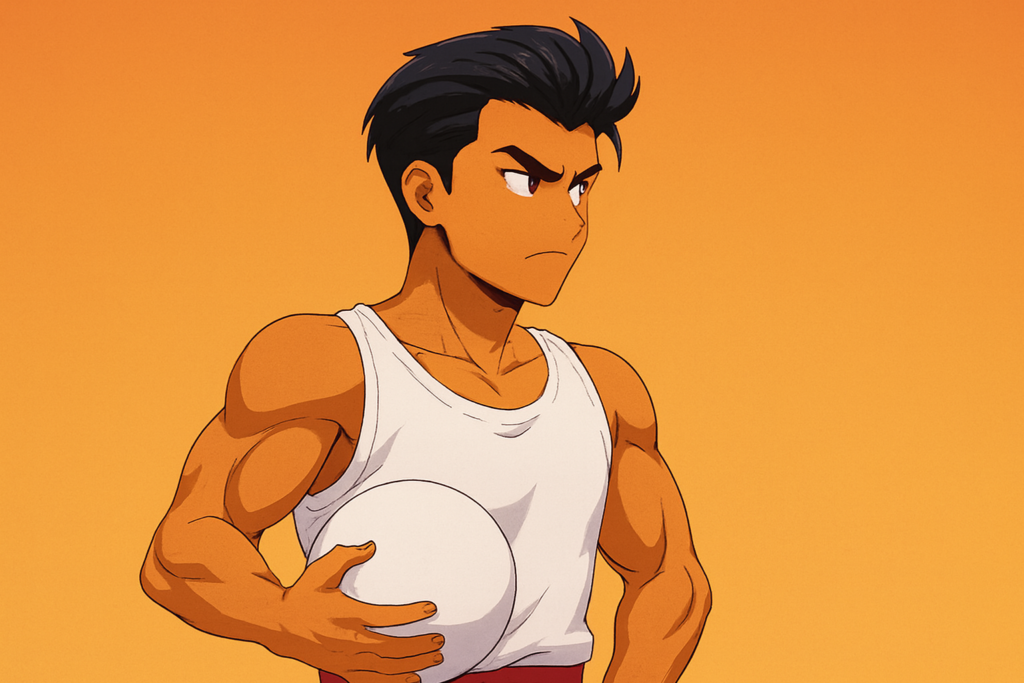 ボールを右手に抱えて右側を見るくにおくん風キャラクター