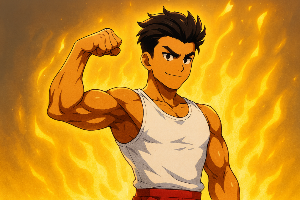 力こぶを見せつけているくにおくん風キャラクター