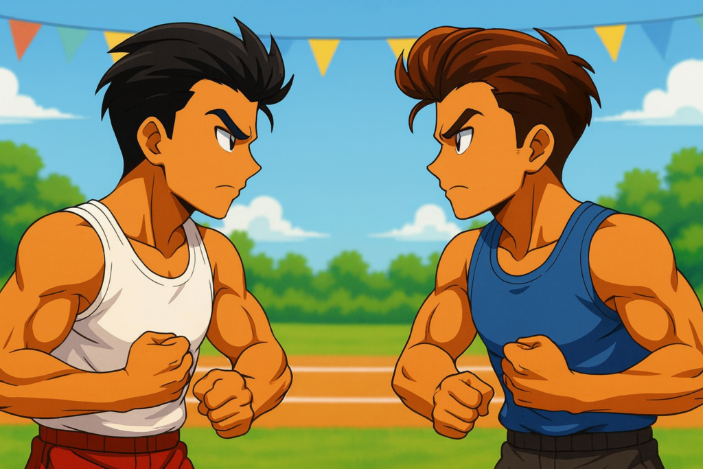 向かい合ってこぶしを握っているくにおくんとりき風キャラクター