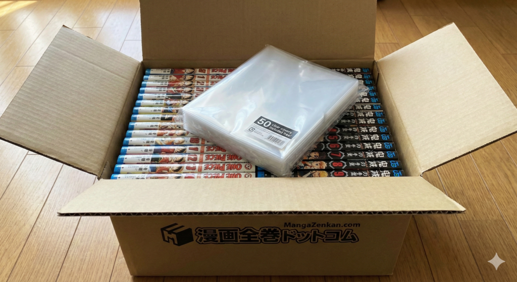 50巻完結の作品を新品で買った場合透明カバーが同封されているイメージ画像