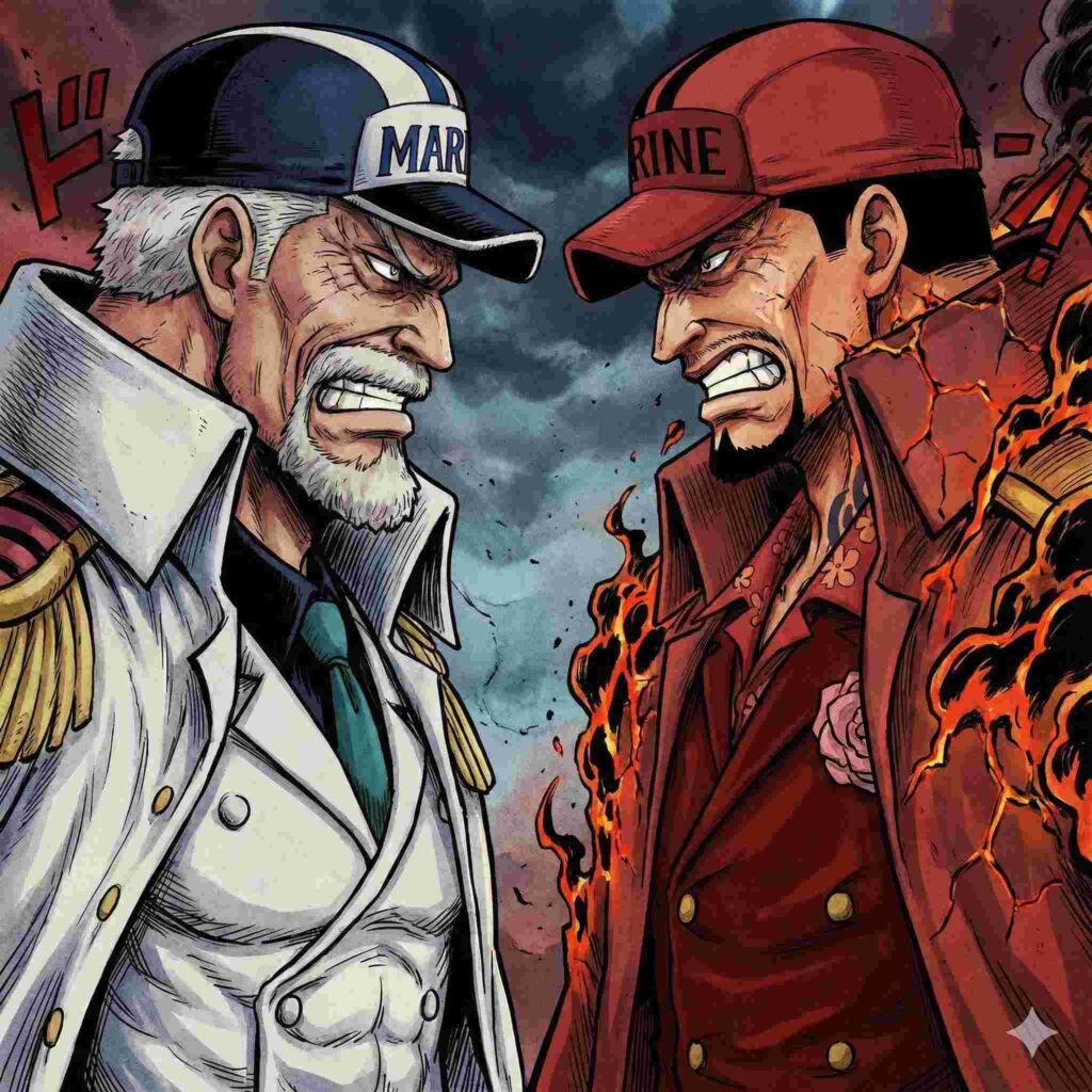 伝説の海兵のガープに似たおじいさんと海軍元帥の赤犬に似たおじいさんがにらみ合っているイラスト