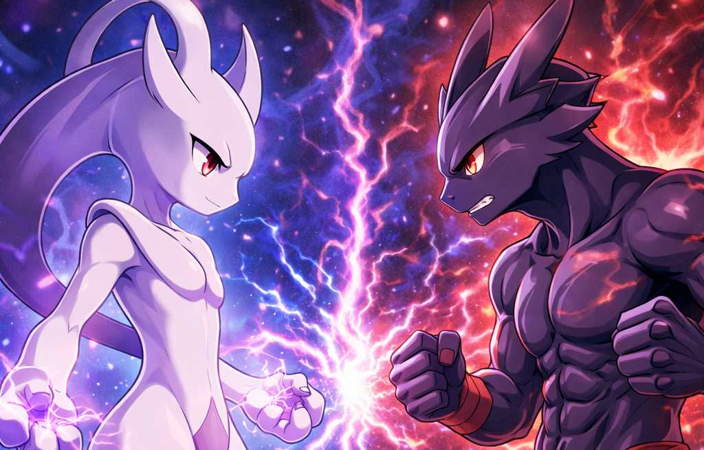 メガミュウツーXとメガミュウツーYをイメージしたキャラクターが対峙してる様子の画像