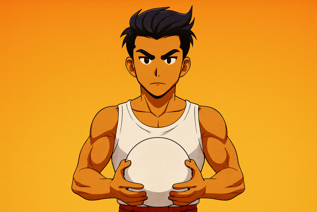 ボールを両手に持ち正面を向いたくにおくん風キャラクター