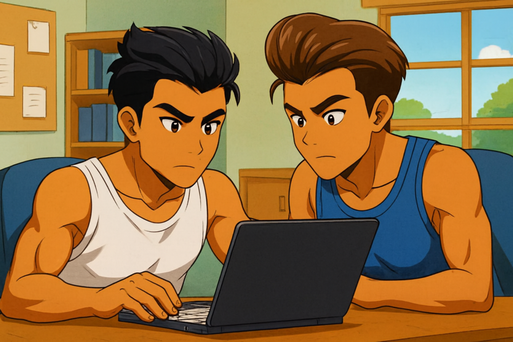 一緒にパソコンを覗き込んでいるくにおくんとりき風キャラクター